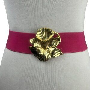 Vintage 80s Peal Brand Belt Women Small Pink Gold Metal Hibiscus Flower Stretch